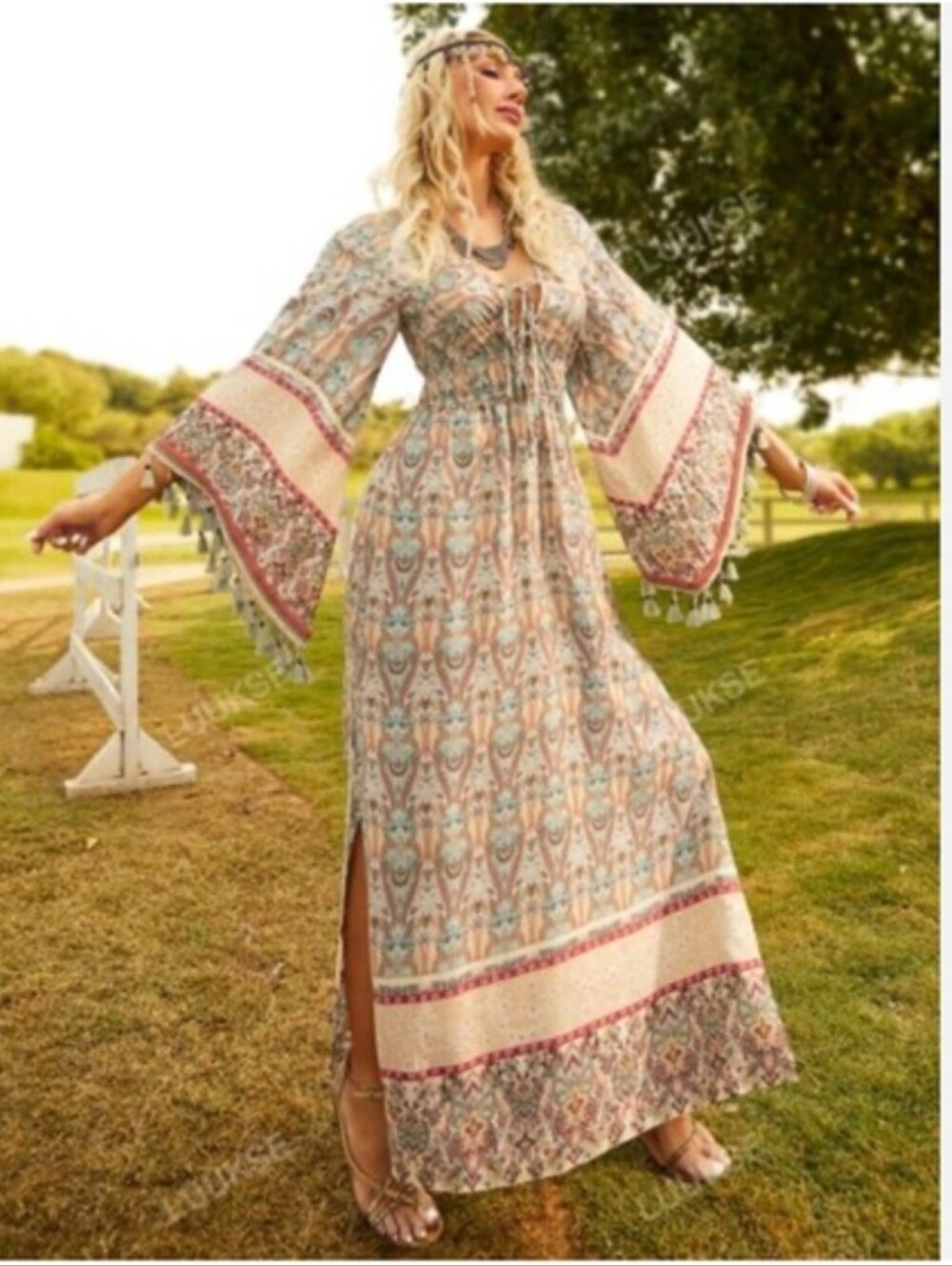 Bohemian Floral Print Woven Bell Sleeve Flounce Gypsy Maxi Dress XL
